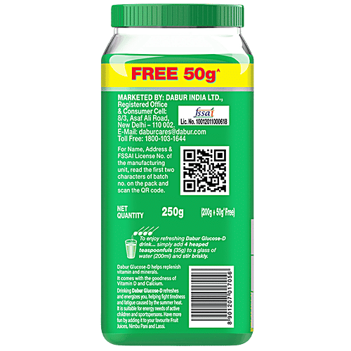 Dabur Glucose-D Instant Glucose, 200 g (Get 50 g Free) Calcium + Vitamin D, 99.4% Glucose