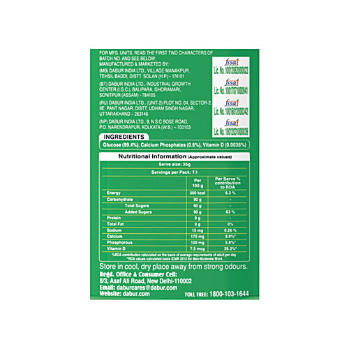 Dabur Glucose-D Instant Glucose, 200 g (Get 50 g Free) Calcium + Vitamin D, 99.4% Glucose