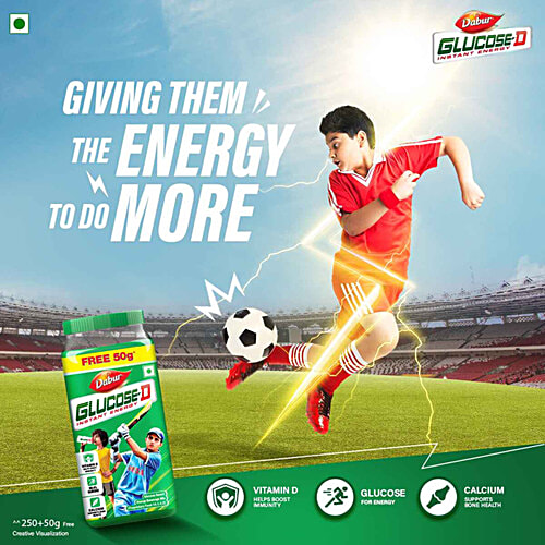 Dabur Glucose-D Instant Glucose, 200 g (Get 50 g Free) Calcium + Vitamin D, 99.4% Glucose