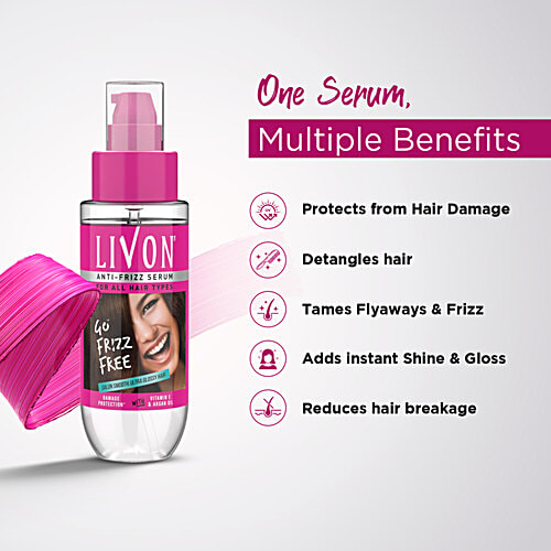Livon Serum Anti-frizz Serum - For All Hair Types, Damage Protection, With Vitamin E & Argan Oil, 50 ml  With Vitamin E & Argan Oil