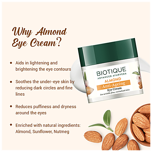 BIOTIQUE Anti-Ageing Eye Cream - Almond, See Wrinkle-Free Revitalized Skin, 15 g Carton 100% Botanical Extracts