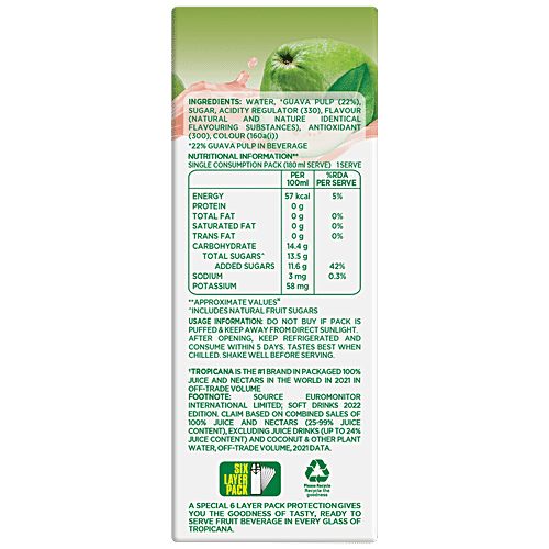 Tropicana Delight Fruit Juice - Guava, 180 ml Tetra Pak No Added Preservatives