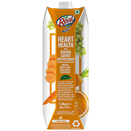 Real Activ Fruit+ Beverage - Veggie,Orange & Carrot , No Added Sugars & Preservatives, 1 L  No Added Sugar, No Added Preservative