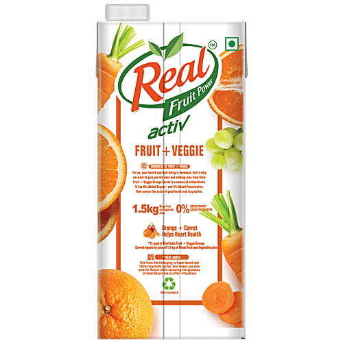 Real Activ Fruit+ Beverage - Veggie,Orange & Carrot , No Added Sugars & Preservatives, 1 L  No Added Sugar, No Added Preservative