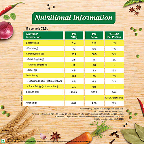 Maggi Nutri-Licious Masala Veg Atta Instant Noodles, 290 g  Made with Atta, Source of Protein, Fibre & Iron,