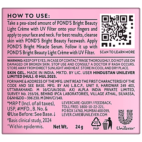 Ponds Bright Beauty Light Cream With UV Filter & Niasorcinol, 24 g  