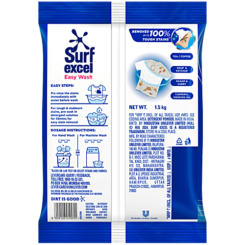 Surf Excel Easy Wash Detergent Powder, 1.5 kg  Removes Tough Stains Easily
