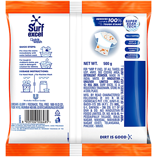 Surf Excel Quick Wash Detergent Powder, 500 g  Removes Tough Stain