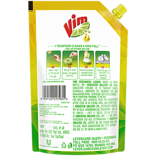 Vim Lemon Dishwash Liquid Gel, 130 ml Pouch Leaves no Residue, Soft on Hands