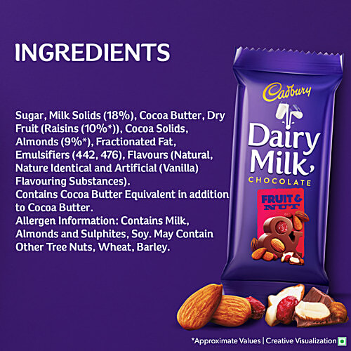 Cadbury Dairy Milk Fruit & Nut Chocolate Bar, 75 g Goodness of Crunchy Nuts & Dried Raisins, Sustainably Sourced Cocoa, Perfect for Gifting on Special Occasions