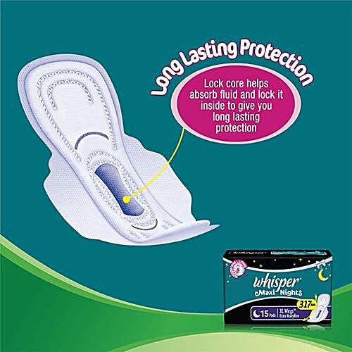 Whisper  Sanitary Pads - Maxi Nights XL Wings Extra Heavy Flow, 15 Pads  