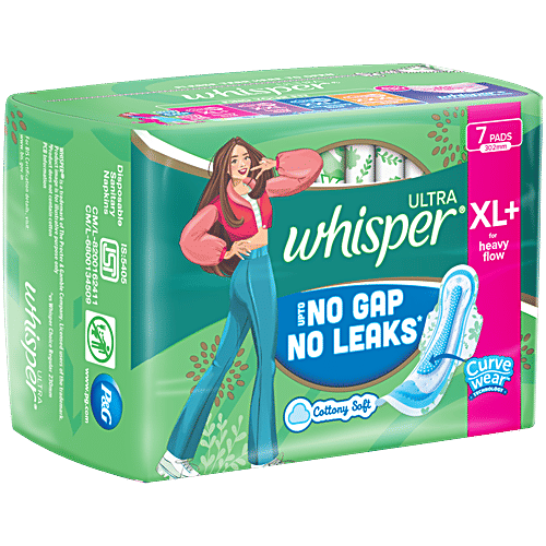 Whisper Ultra Up To No Gap No Leaks Sanitary Pads, XL+, 7 pcs  Dual Action Gel, Dri Weave