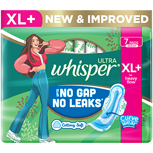 Whisper Ultra Up To No Gap No Leaks Sanitary Pads, XL+, 7 pcs  Dual Action Gel, Dri Weave