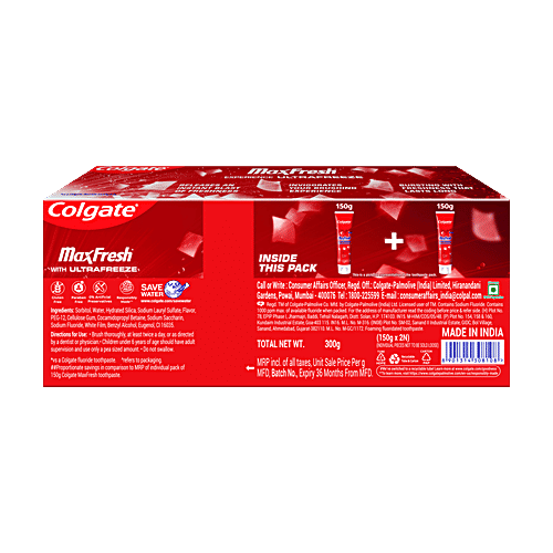 Colgate MaxFresh Toothpaste - Red Gel With Menthol For Super Fresh Breath, Spicy Fresh, 300 g (2x150 g) 10X Longer Lasting Cooling, Red Gel Paste with Menthol for Super Fresh Breath