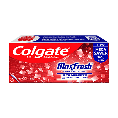 Colgate MaxFresh Toothpaste - Red Gel With Menthol For Super Fresh Breath, Spicy Fresh, 300 g (2x150 g) 10X Longer Lasting Cooling, Red Gel Paste with Menthol for Super Fresh Breath