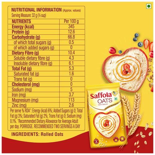 Saffola Rolled Oats - 100% Natural With High Protein & Fibre, Healthy Cereals, 500 g Pouch No Cholesterol, No Trans Fat