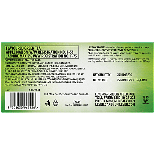 Lipton Clear & Light Green Tea, 32.5 g (25 Bags x 1.3 g Each) 