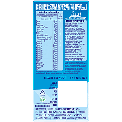 Britannia Nutrichoice Oats Cookies Diabetic Friendly, 6 x 25 g (Multipack) 0% Maida, Diabetic Friendly, Zero Added Sugar, Zero Trans Fat, High Fibre