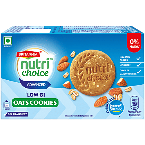 Britannia Nutrichoice Oats Cookies Diabetic Friendly, 6 x 25 g (Multipack) 0% Maida, Diabetic Friendly, Zero Added Sugar, Zero Trans Fat, High Fibre