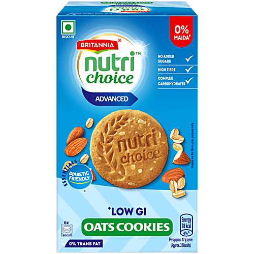 Britannia Nutrichoice Oats Cookies Diabetic Friendly, 6 x 25 g (Multipack) 0% Maida, Diabetic Friendly, Zero Added Sugar, Zero Trans Fat, High Fibre