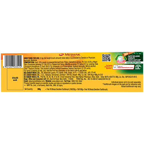 Dabur Meswak Toothpaste, with Free Toothbrush - For Complete Gum Care, Paraben & Fluoride Free, 300g  