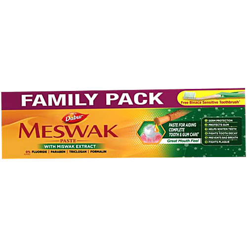 Dabur Meswak Toothpaste, with Free Toothbrush - For Complete Gum Care, Paraben & Fluoride Free, 300g  