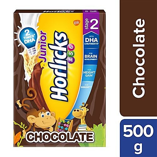 Horlicks Junior Health & Nutrition Drink - Chocolate Flavour, Stage 2, 4-6 years, 500 g Carton 