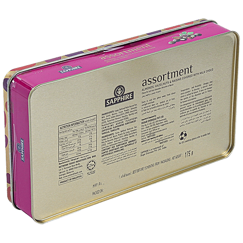 Sapphire  Coated Nuts Coated With Milk Chocolate - Assorted With Almonds. Hazelnuts & Raisins, 175 g  Sapphire Coated Nuts
 Coated With Milk Chocolate
 Assorted With Almonds, Hazelnuts & Raisins