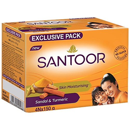 Santoor Skin Moisturising Sandal & Turmeric Bathing Soap, 150 g (Pack of 4)