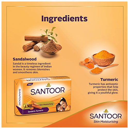 Santoor Skin Moisturising Sandal & Turmeric Bathing Soap, 150 g (Pack of 4)
