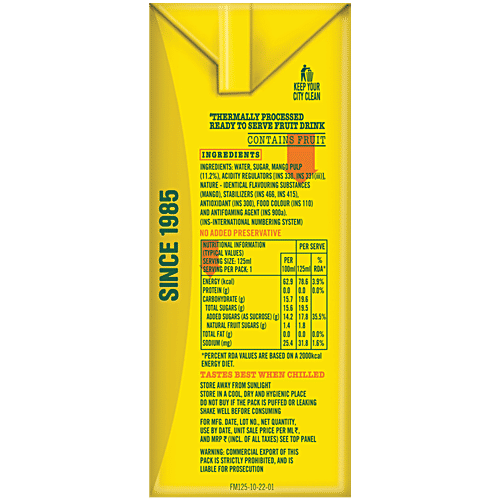 Frooti Mango Drink, 125 ml Zero Fat