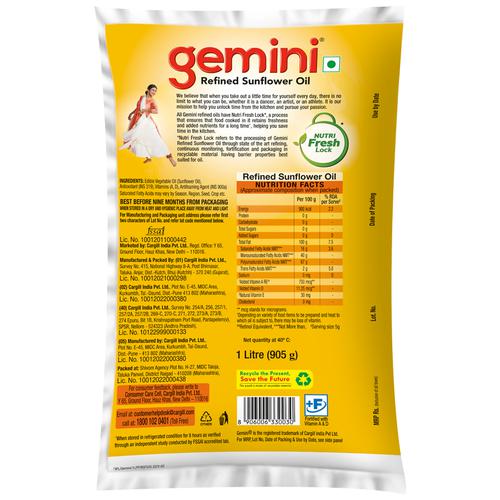 Gemini Sunflower Oil - With Nutri Fresh Technology, 1 L Pouch 