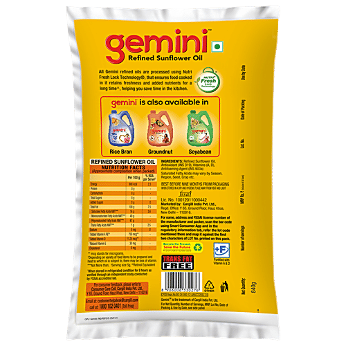 Gemini Refined Sunflower Oil, 840 g Pouch Trans Fat Free