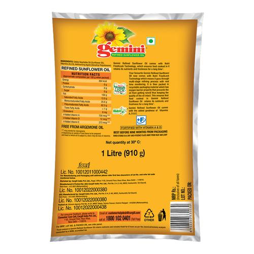 Gemini Sunflower Oil - With Nutri Fresh Technology, 1 L Pouch 
