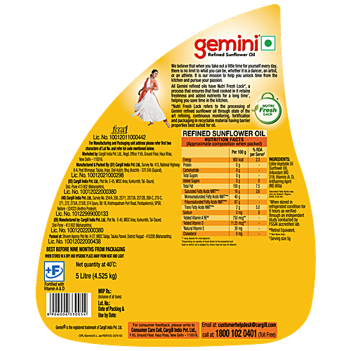 Buy Gemini Refined Sunflower Oil With Nutri V 5 Ltr Can Online At Best