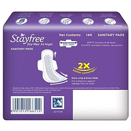STAYFREE Dry-Max All Night Ultra-Thin Sanitary Pads With Wings - XL, 14 Pads  
