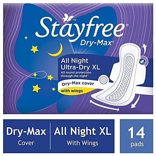 STAYFREE Dry-Max All Night Ultra-Thin Sanitary Pads With Wings - XL, 14 Pads  