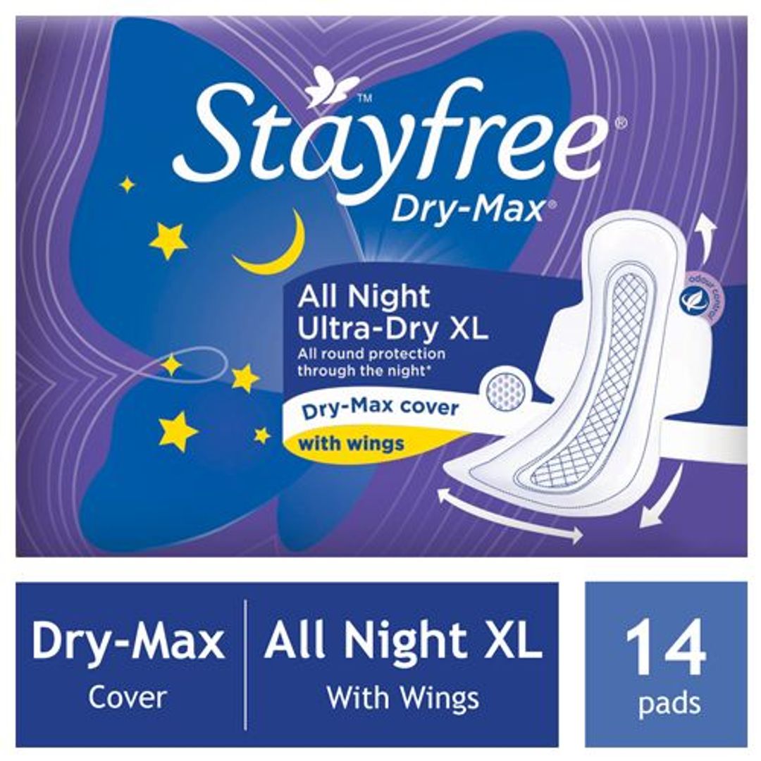 STAYFREE Dry-Max All Night XXL - Sanitary Pads For Women, 14 Pc 