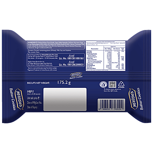 McVitie's Butter Cookies - Crispy, Delicious & Butterlicious, 175.2 g Pouch Trans Fat Free