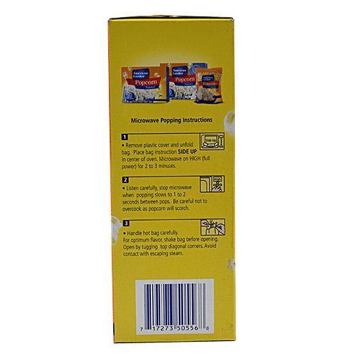 American Garden Microwave Popcorn - Butter, 273 g Carton Delicious Buttery Flavour
 Gluten-Free and Vegetarian
 Zero Trans Fats