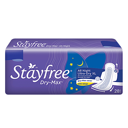 STAYFREE Dry-Max All Night Ultra-Thin Sanitary Pads With Wings - XL, 28 Pads  