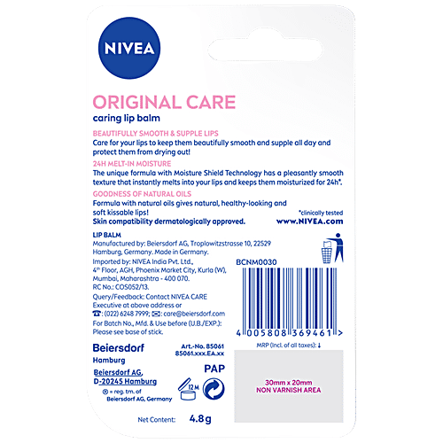 Nivea Caring Lip Balm, 4.8 g Original Care