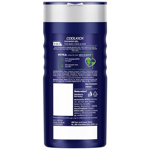 Nivea Men Cool Kick With Refreshing Icy Menthol Body Wash - Shower Gel For Body, Face & Hair, 250 ml  