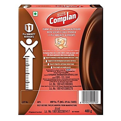 Complan Nutrigro Growth Drink for Toddlers - Delicious Chocolate Flavour, 2-6 Years, 400 g Carton 