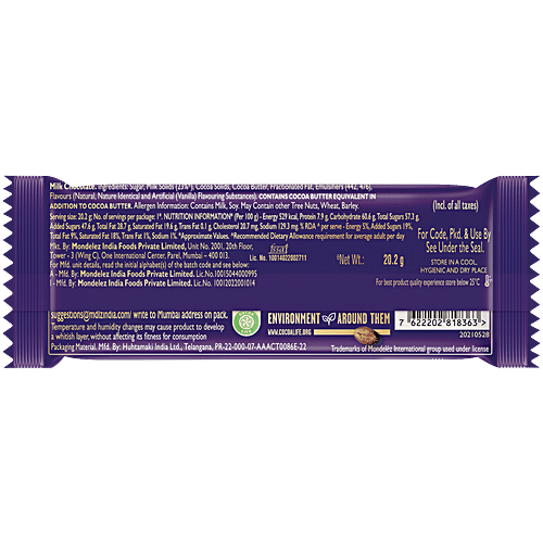 Cadbury Dairy Milk Chocolate Bar, 20.2 g  Made from Sustainably Sourced Cocoa, Perfect for Gifting on Special Occasions