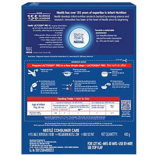 Nestle Lactogen Pro 4 Follow-Up Formula Powder, After 18 Months Up To 24 Months, 400 g Carton Whey Protien Iron Vitamin A, C & D