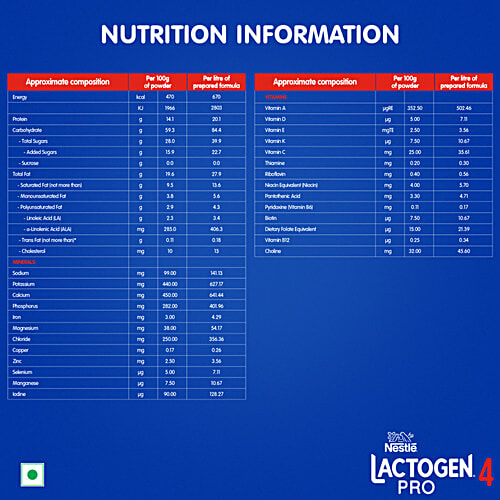 Nestle Lactogen Pro 4 Follow-Up Formula Powder, After 18 Months Up To 24 Months, 400 g Carton Whey Protien Iron Vitamin A, C & D
