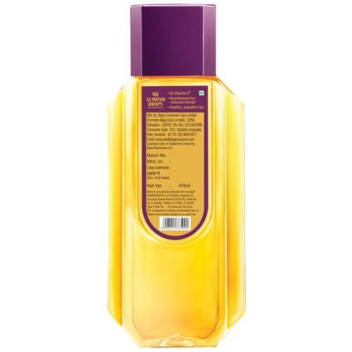 Bajaj Almond Drops Non-sticky Hair Oil - Helps Reduce Hair Fall, With 6X Vitamin E Nourishment, 475 ml  