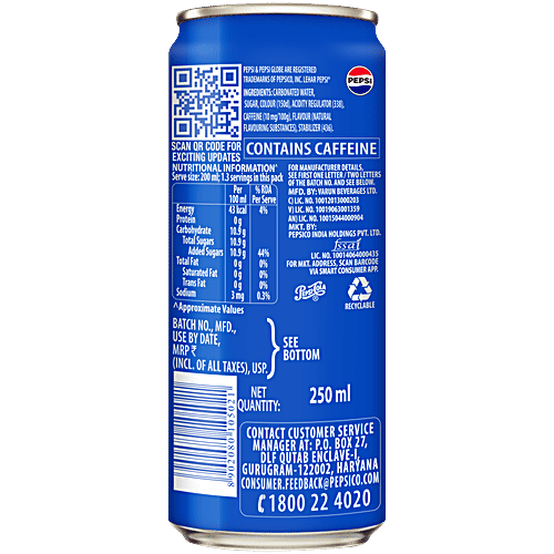 Pepsi Soft Drink, 250 ml Can Zero Trans Fat