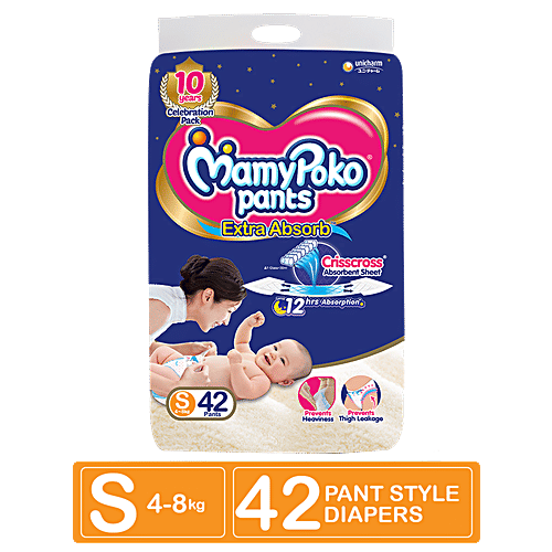 Mamypoko Extra Absorb Diaper Pants - S, 4-8 kg, Crisscross Absorbent Sheet, Upto 12 Hours Absorption, 42 pcs  